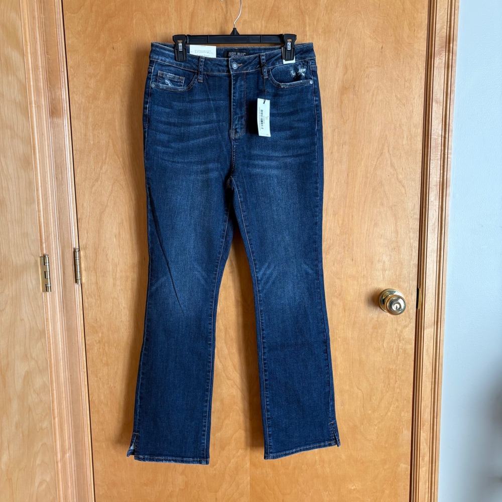 Judy Blue Slim Bootcut Jeans Womens 11/30 Dark Blue Slit Hem High Waist JB88290